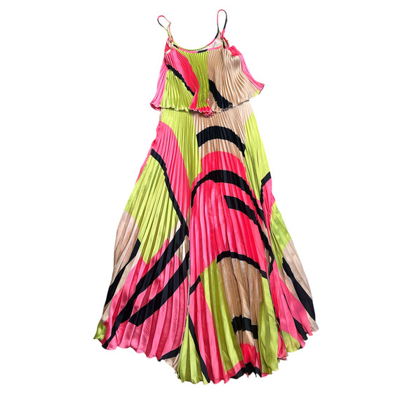 Cache Pink Neon Green Sleeveless High Low Accordion Pleated Maxi Dress Size M - Picture 2 of 5